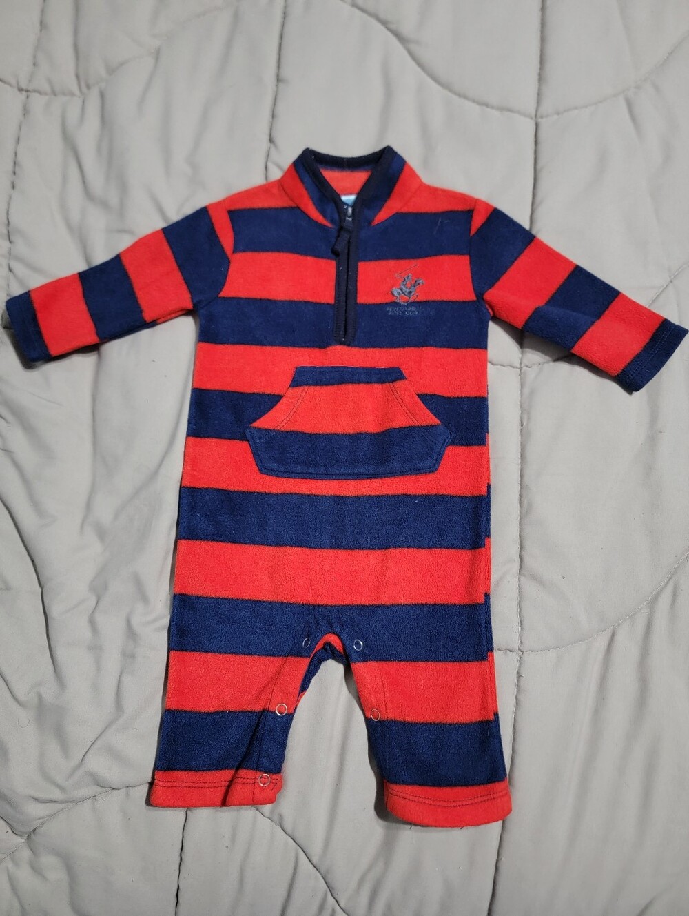 Beverly Hills Polo Club Dk Blue & Red Stripe Quarter Zip Fleece Onesie-Size 3-6m